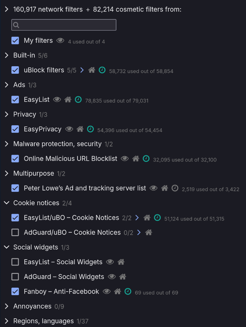 uBlock Origin filter lists